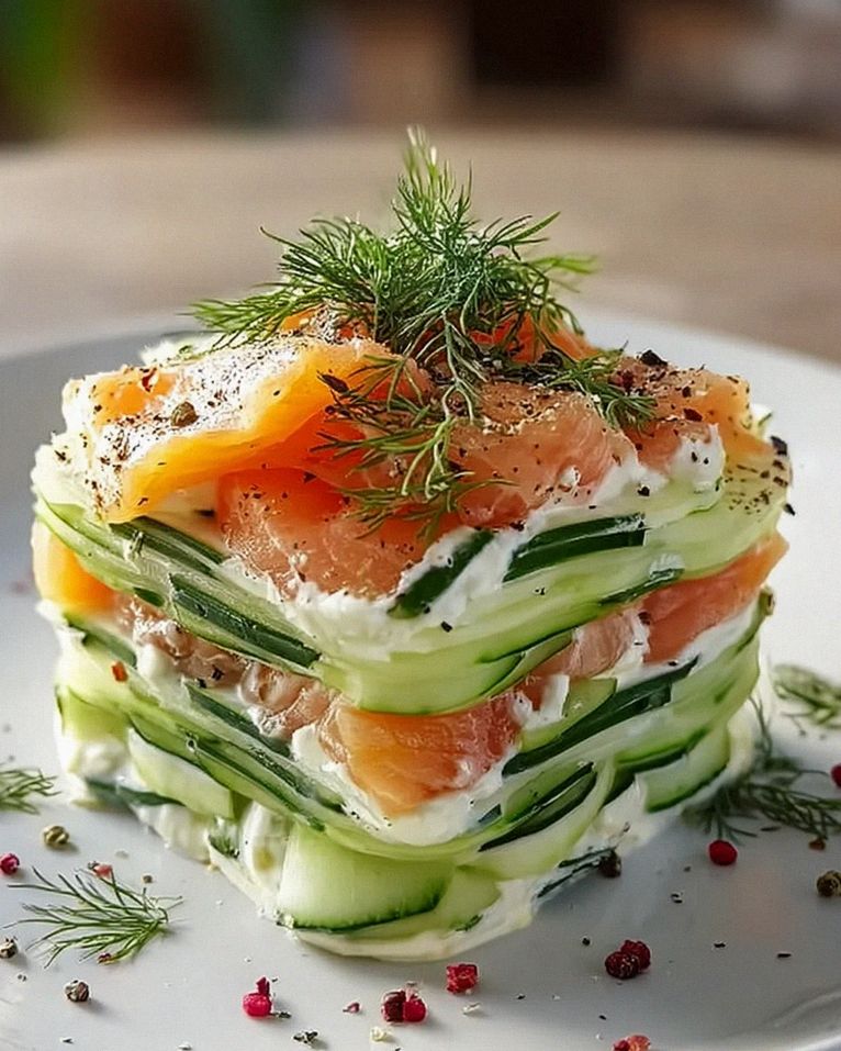 Erfrischende Lasagnes Froides mit Concombre, Saumon & Aneth