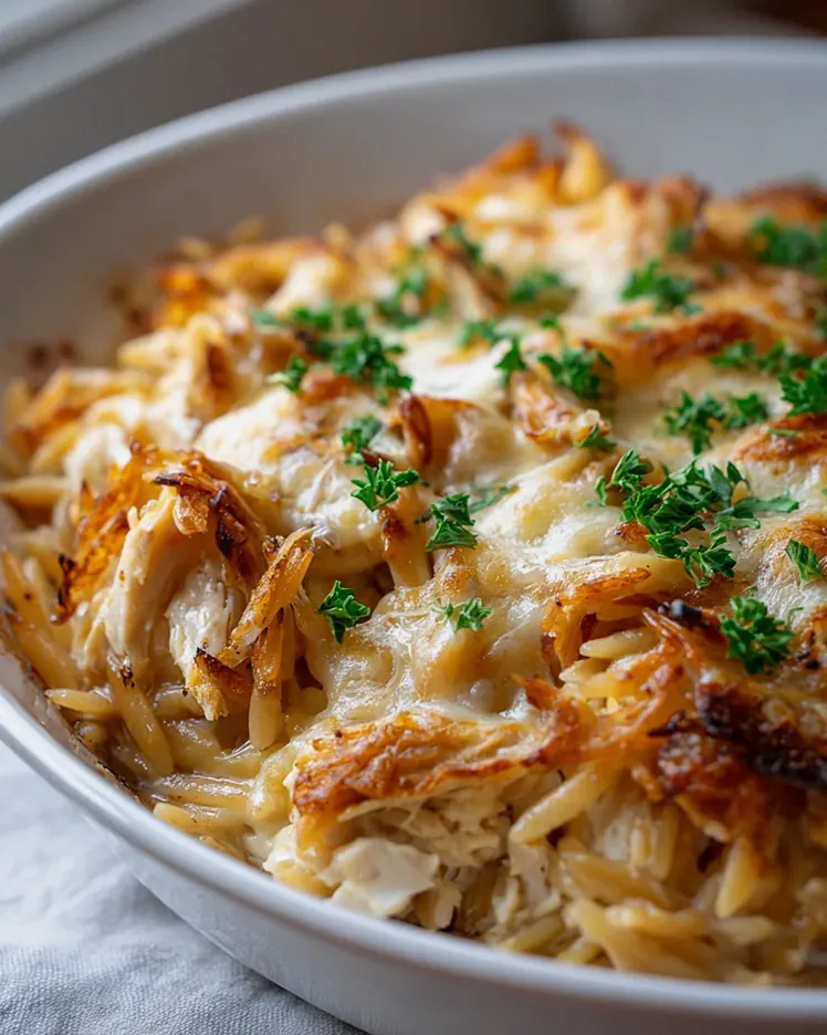 Französische Zwiebel-Hühnchen-Orzo-Auflauf – lecker & einfach!