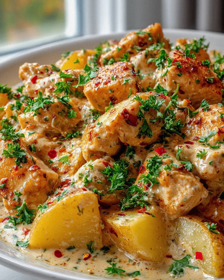 Genieße High Protein: Cremige Knoblauch-Käse Hähnchen-Kartoffeln
