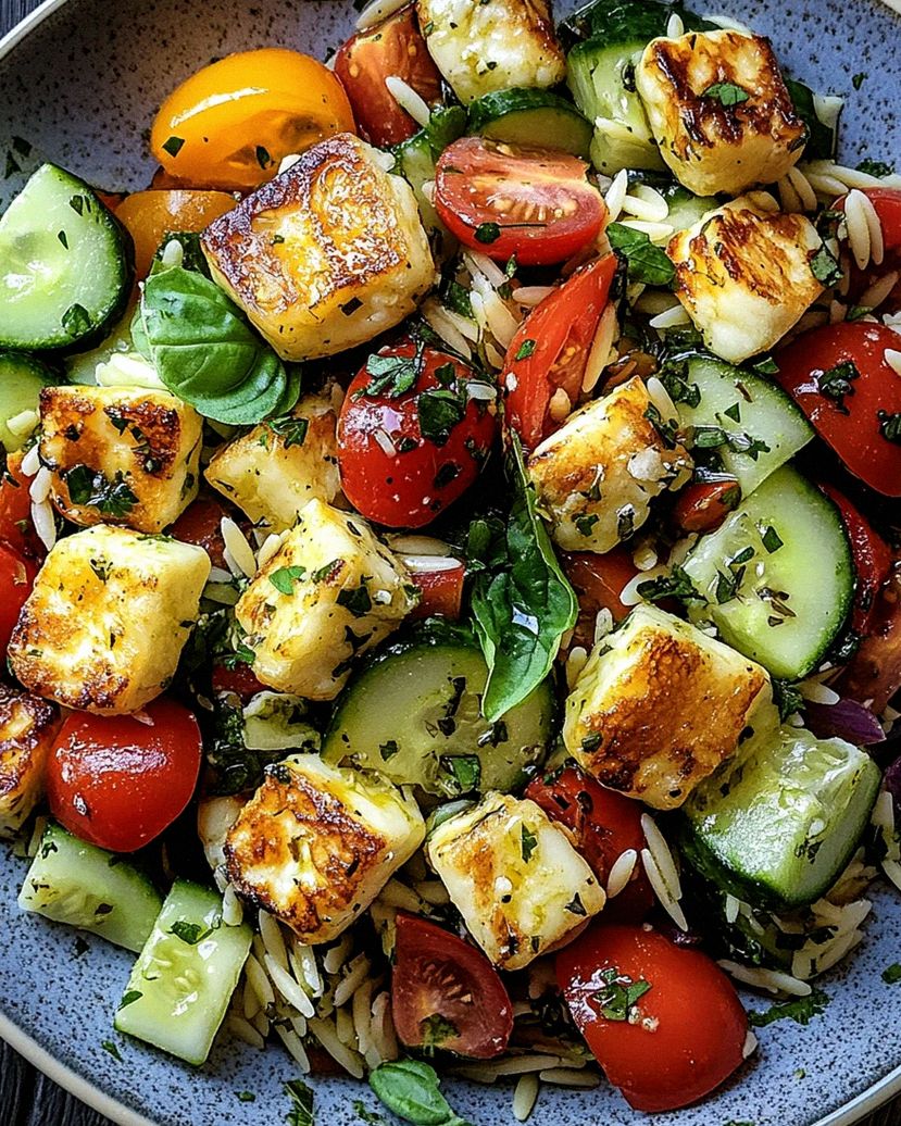 Kritharaki-Salat mit Halloumi-Croutons