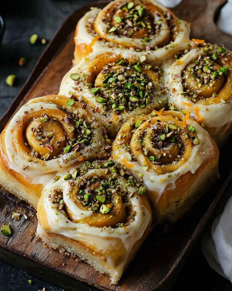 Lockere Pistazien-Heferollen mit Orangen-Frischkäse-Frosting