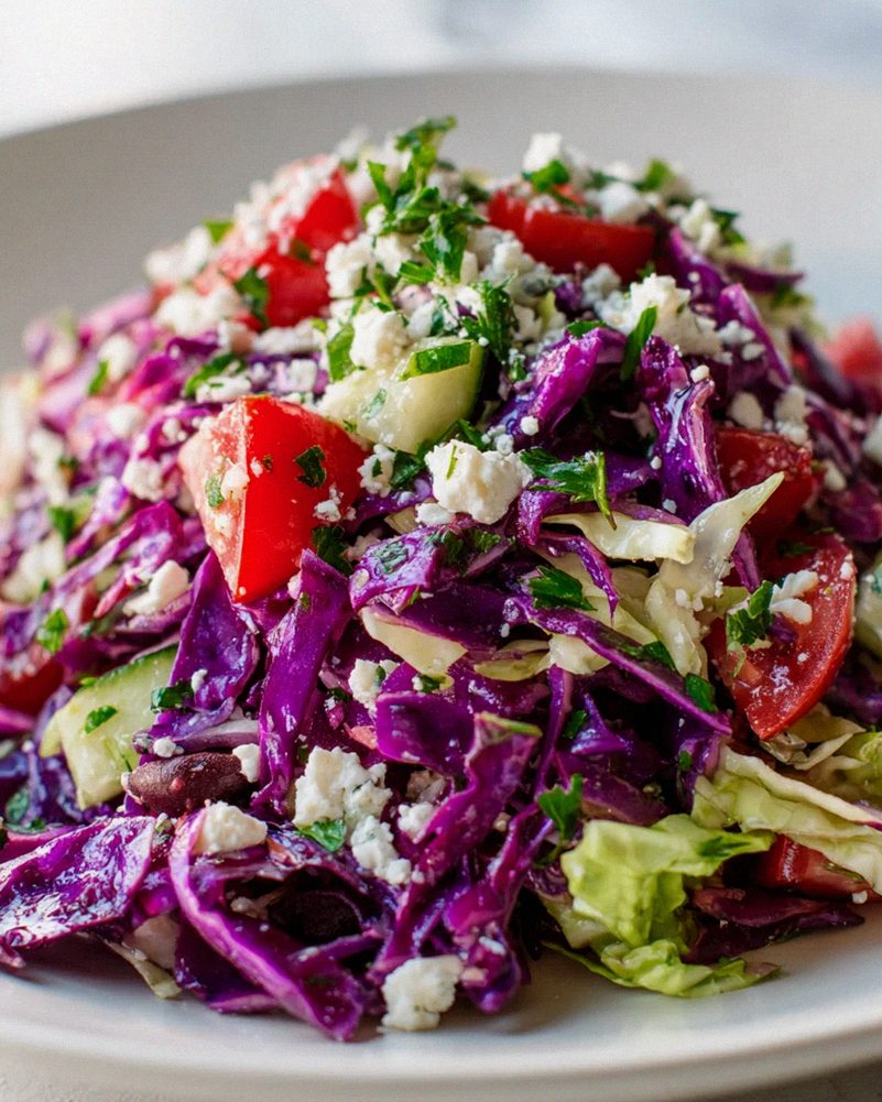 Mediterraner Slaw mit Feta, Oliven & frischen Kräutern