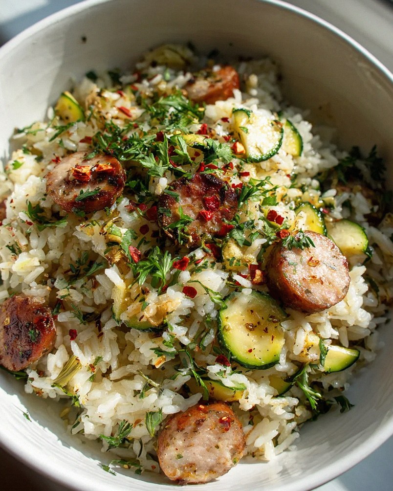 Mediterraner Wurst Reis Mit Zucchini Und Kräutern