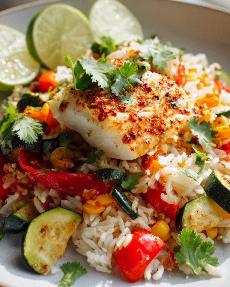 One Pan Baja Fisch mit geröstetem Gemüse-Reis Rezept