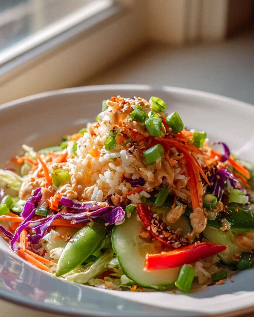 Schneller Knuspriger Reissalat mit Erdnuss-Sesam-Dressing