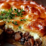 Torte mit Pilzen, Hackfleisch und Käse