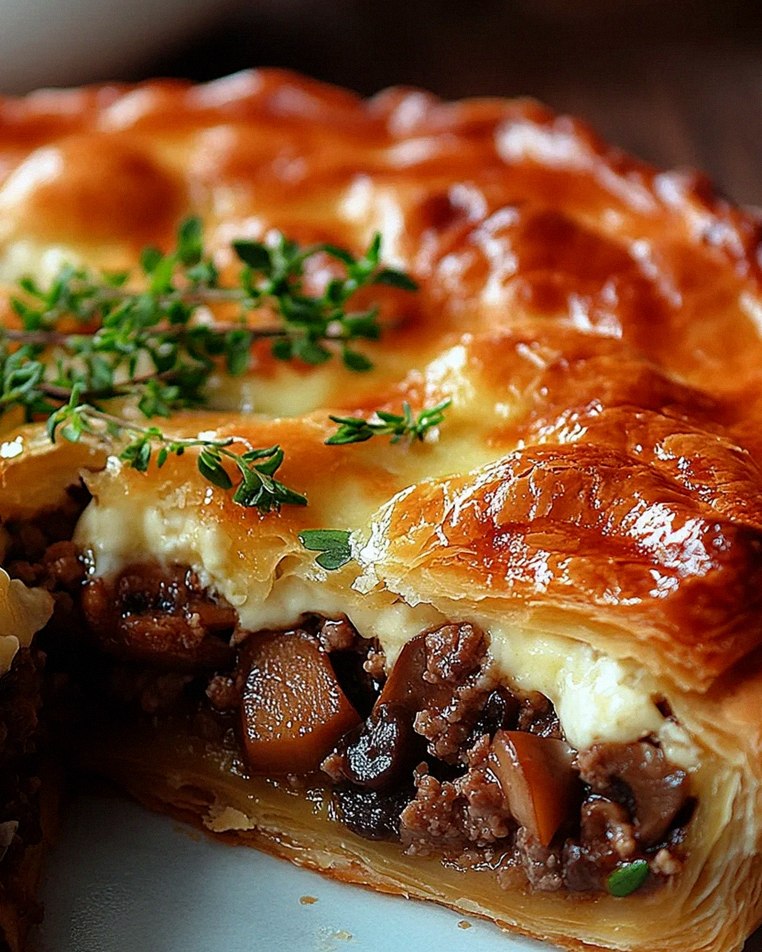 Torte mit Pilzen, Hackfleisch und Käse
