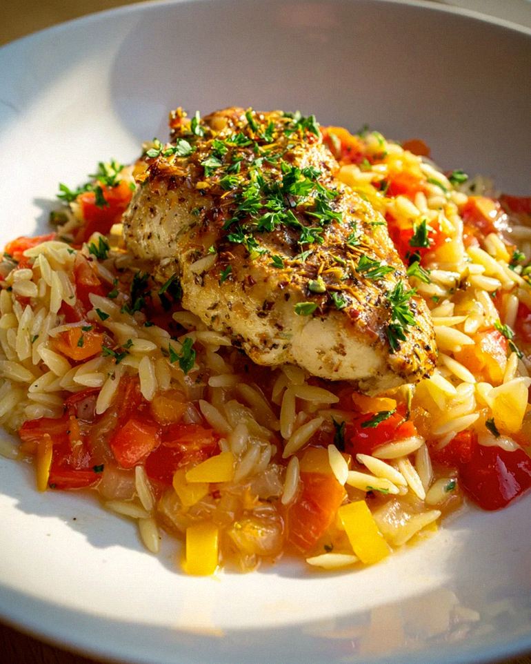 Unglaubliche Orzo Pfanne mit Paprikahuhn Rezept – jetzt kochen!
